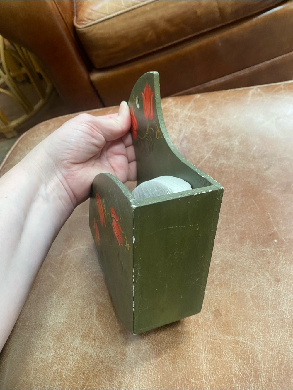 Vintage HandPainted Cone Coffee Filter Holder Green Floral Wooden Wall Decor - Picture 8 of 11